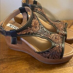 Myra Bag Black and Tan Floral Wedge Sandals